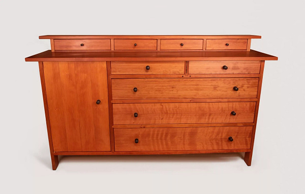 Solid Wood Dresser with Cabinet & 5 Drawers. Redwood.