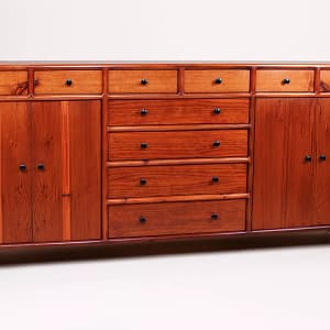 Hand Crafted Hardwood Credenza with 10 drawers and 2 side cupboards made from reclaimed redwood and designed and built by furniture maker, Marc Springer