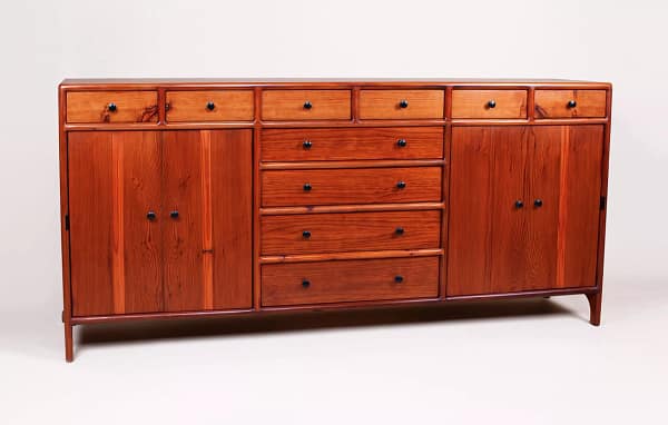 Hand Crafted Hardwood Credenza with 10 drawers and 2 side cupboards made from reclaimed redwood and designed and built by furniture maker, Marc Springer