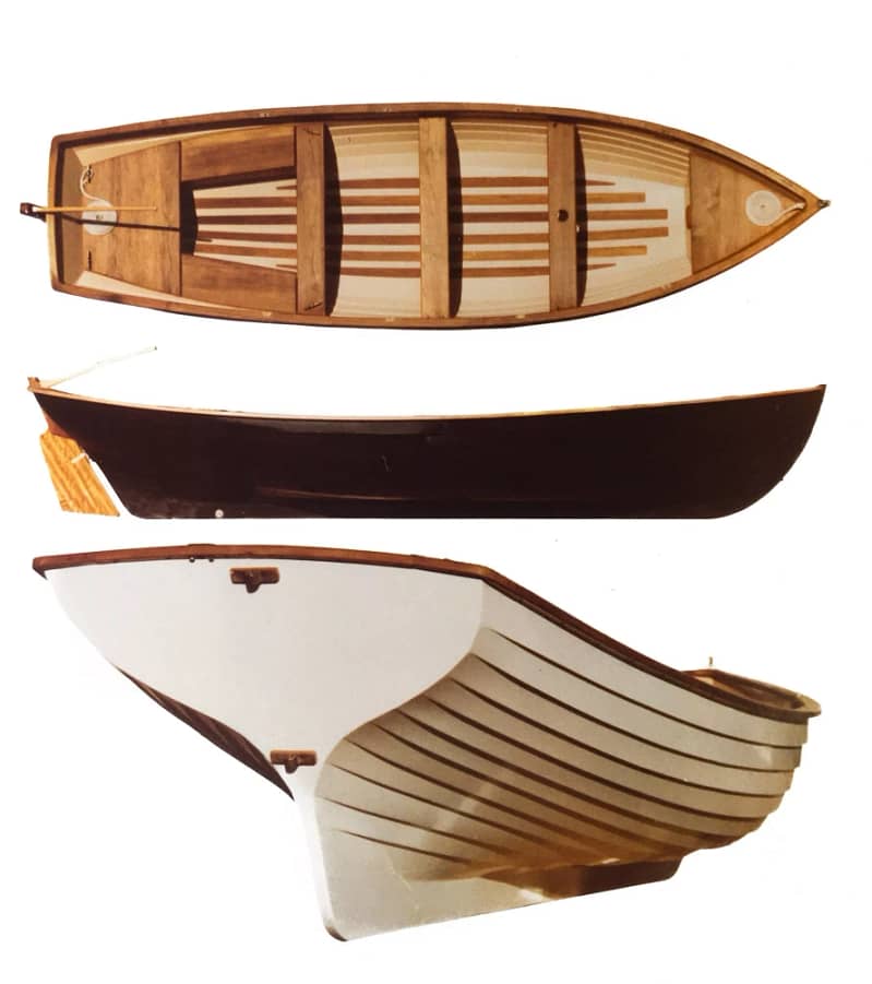 This shows three different viewpoints of a small sailing open boat called a Yawl Boat. The work done on the topsides of this boat was done by Marc Springer a woodworker in Los Angeles who is also a furniture maker.